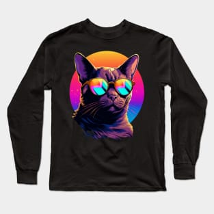 Retro Wave Burmese Cat Shirt Long Sleeve T-Shirt